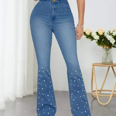 Pearl Zipper Flared Denim Pants